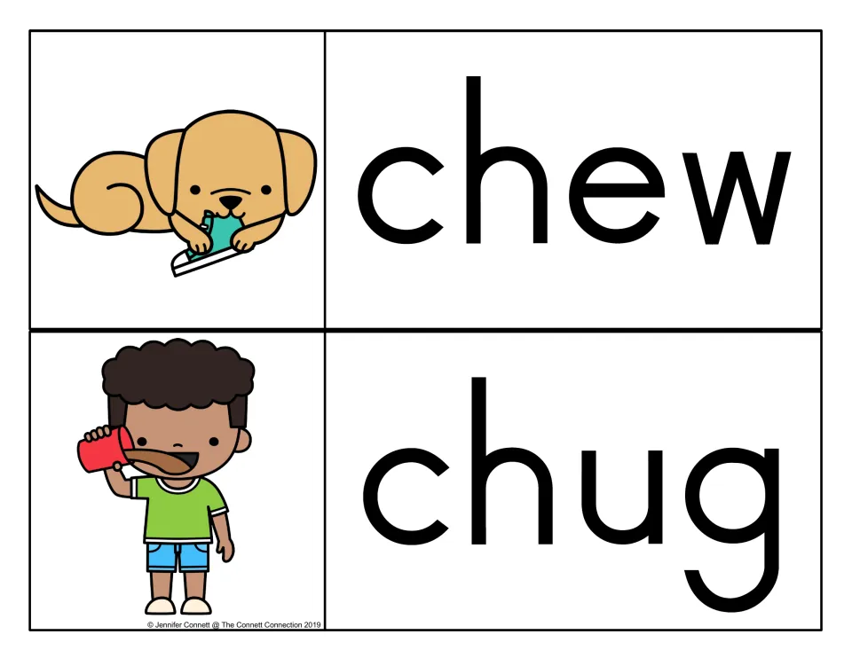 Ch action words chew and chug: a puppy chewing a sneaker and a boy gulping a drink from a red cup illustrate each verb
