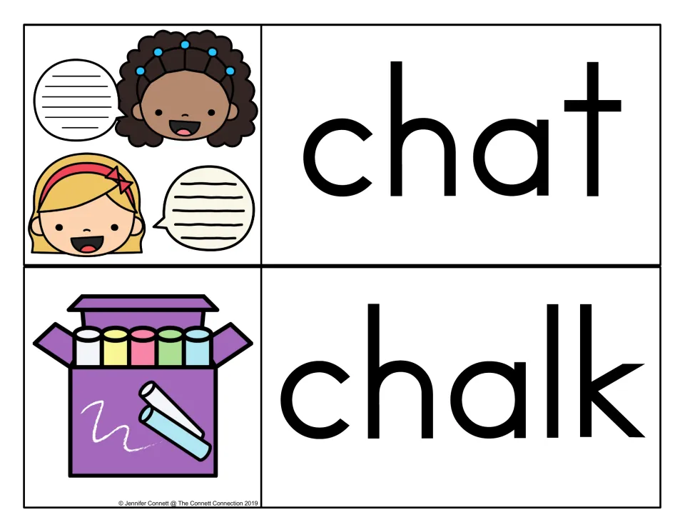 Chat and chalk cards for reading ch words, with two girls talking in speech bubbles and a purple box of colored chalk