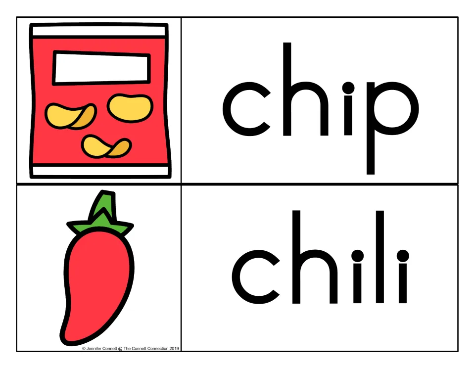 Ch phonics cards for chip and chili, illustrated by a red bag of potato chips and a red chili pepper with a green stem