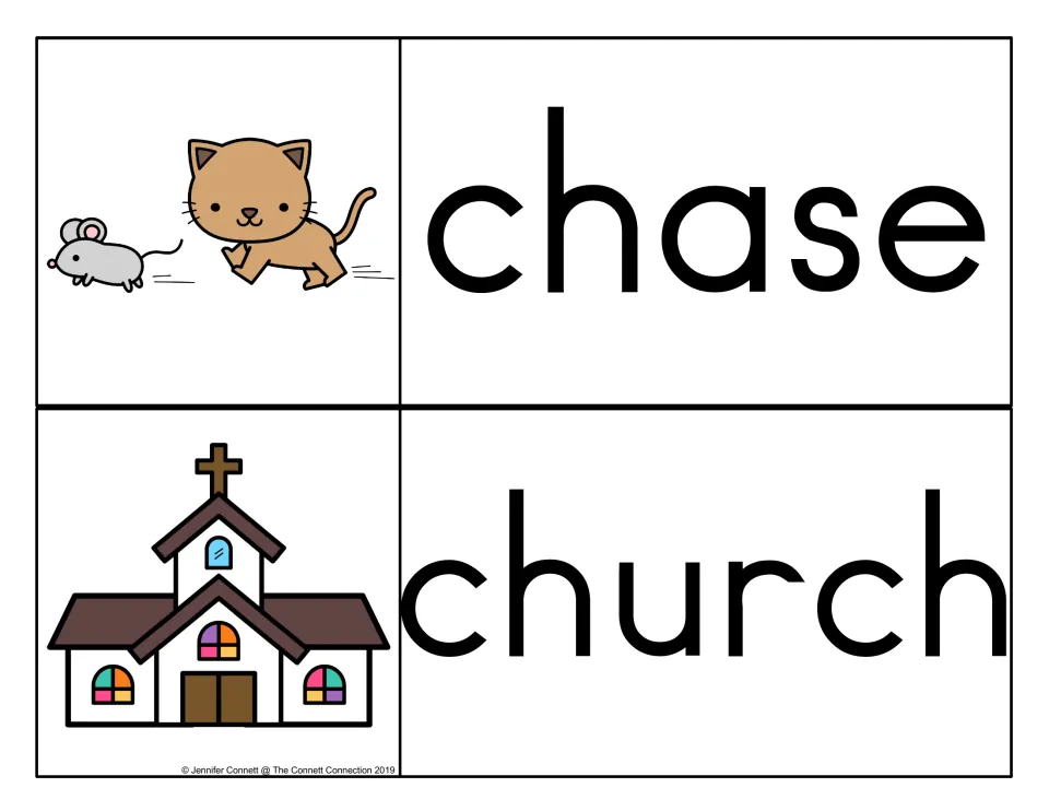 Digraph ch words chase and church, one showing a cat chasing a mouse and the other a white church with a cross on top