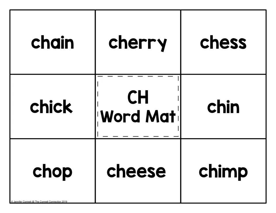 CH Word Mat with initial ch words: chain, cherry, chess, chick, chin, chop, cheese and chimp for picture matching