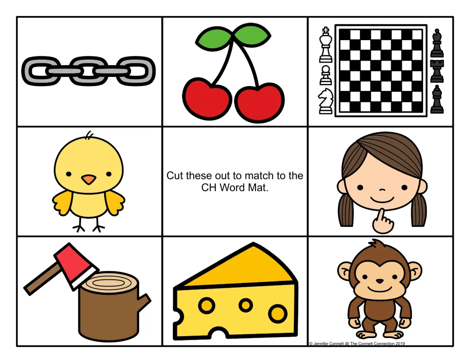 Initial ch color picture cards to cut out: chain, cherries, chess set, chick, girl touching chin, axe on log, cheese, chimp