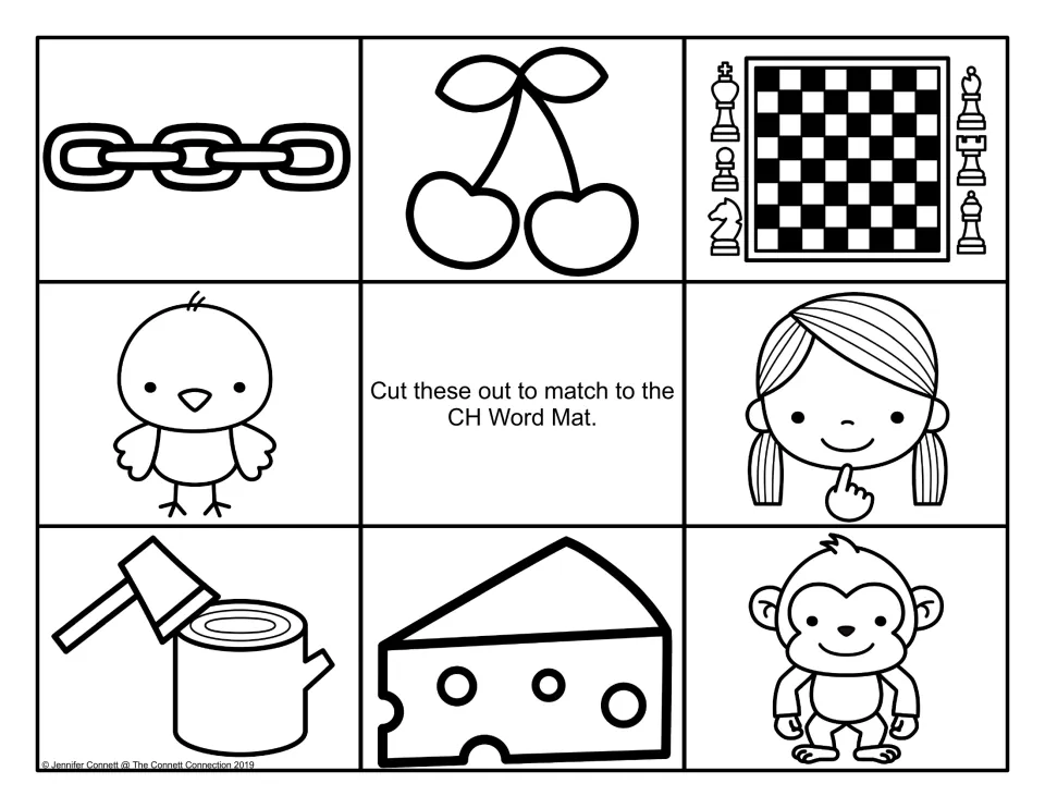 Beginning ch picture cards in black and white to cut out: chain, cherries, chess, chick, chin, chop, cheese, chimp