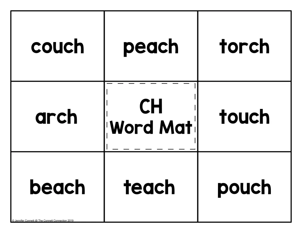 Ending ch word mat: students read couch, peach, torch, arch, touch, beach, teach and pouch, then match picture cards
