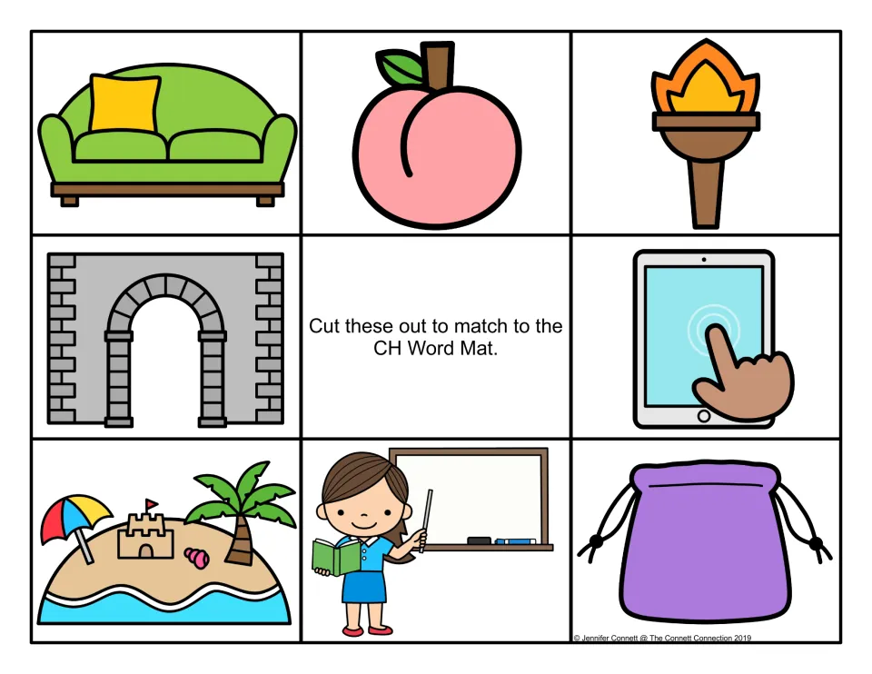 Final ch color cards to cut out: couch, peach, torch, stone arch, finger touching a tablet, beach, teacher and pouch
