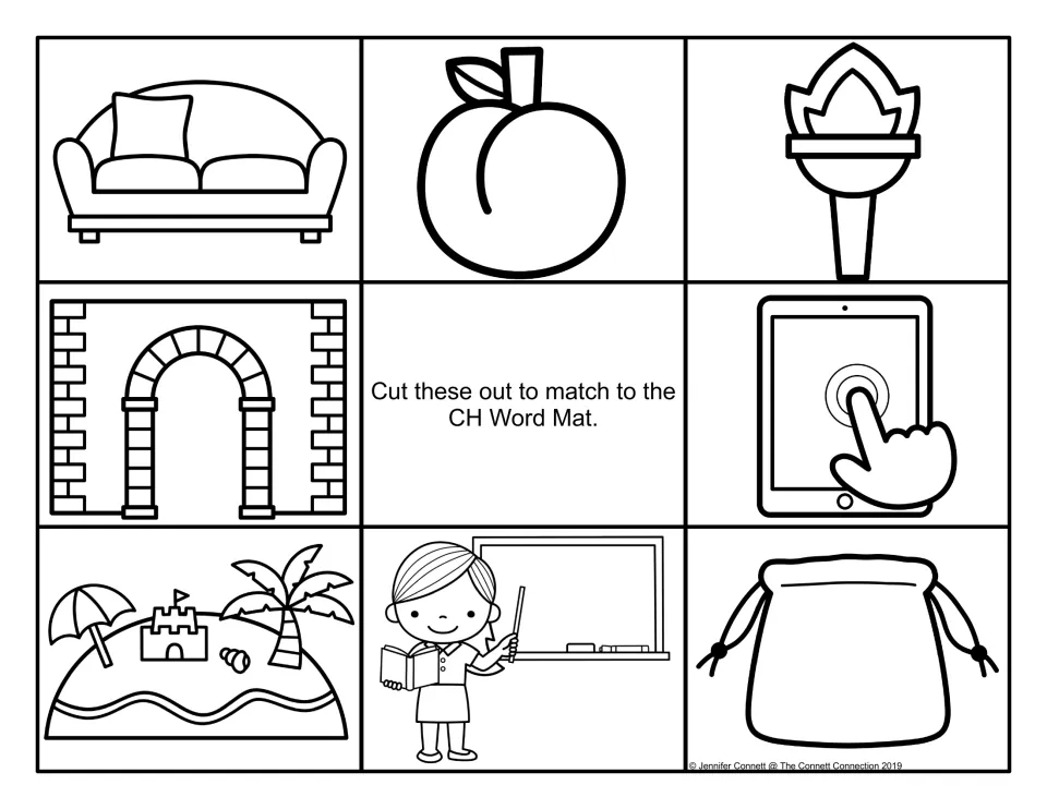 Final ch picture cards in black and white to cut and match: couch, peach, torch, arch, touch, beach, teach, pouch