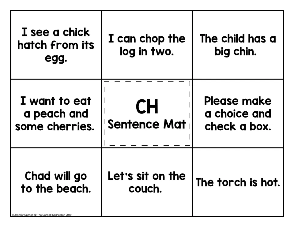 CH Sentence Mat: students read eight ch sentences such as 'I can chop the log in two.' and 'The torch is hot.'