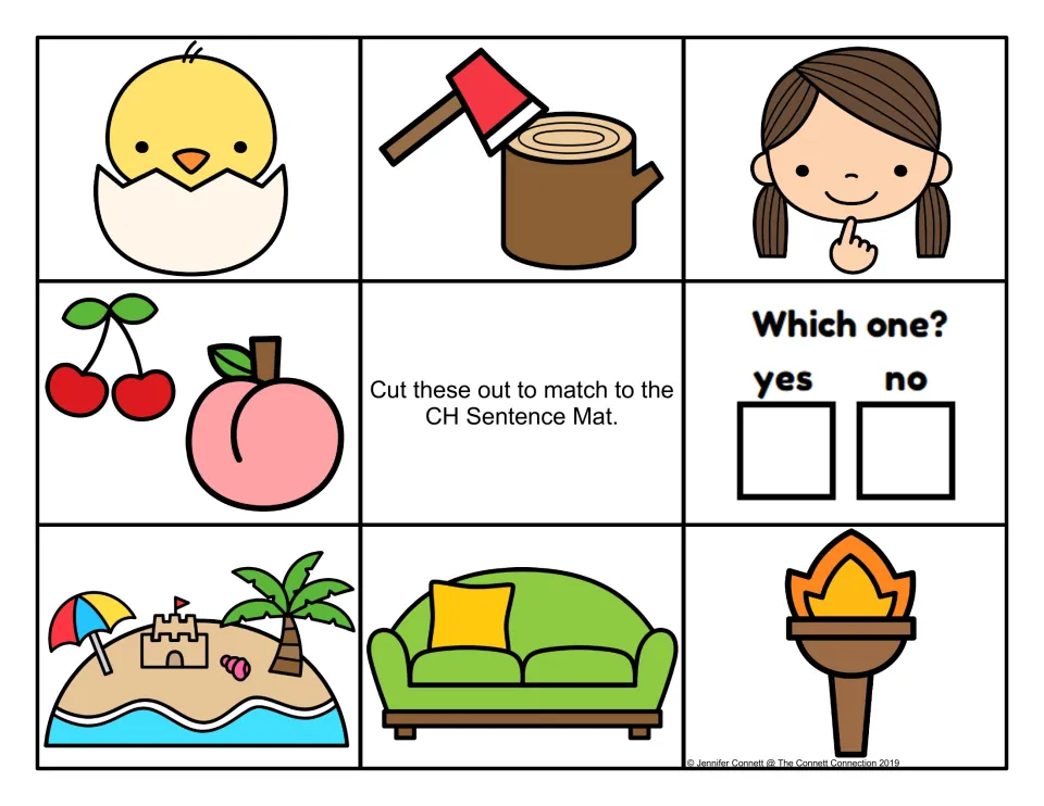 CH sentence cards in color to cut out: chick hatching, axe chopping a log, chin, cherries and peach, yes/no check box