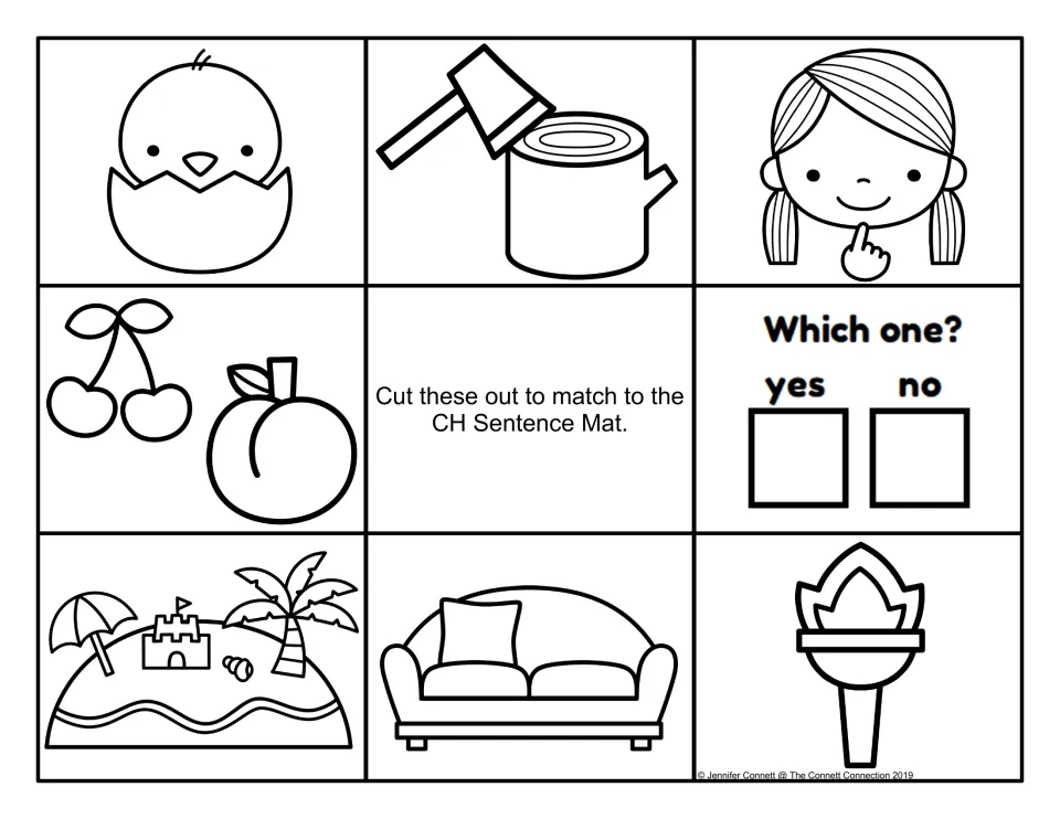 Black-line sentence mat cards: hatching chick, chopped log, chin, fruit, 'Which one?' check boxes, beach, couch, torch