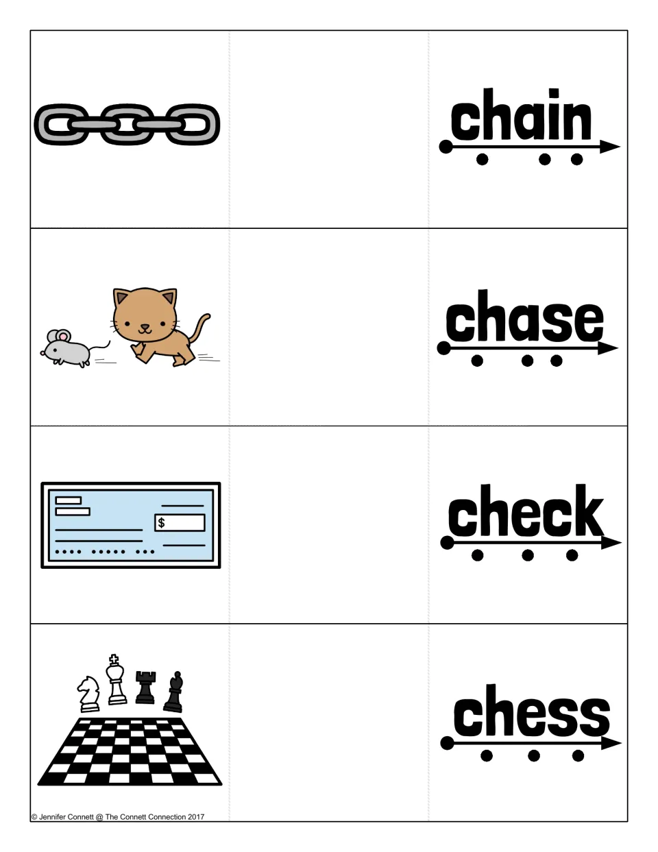 Blending cards for ch words chain, chase, check and chess, each with a picture and sound dots under the word's letters