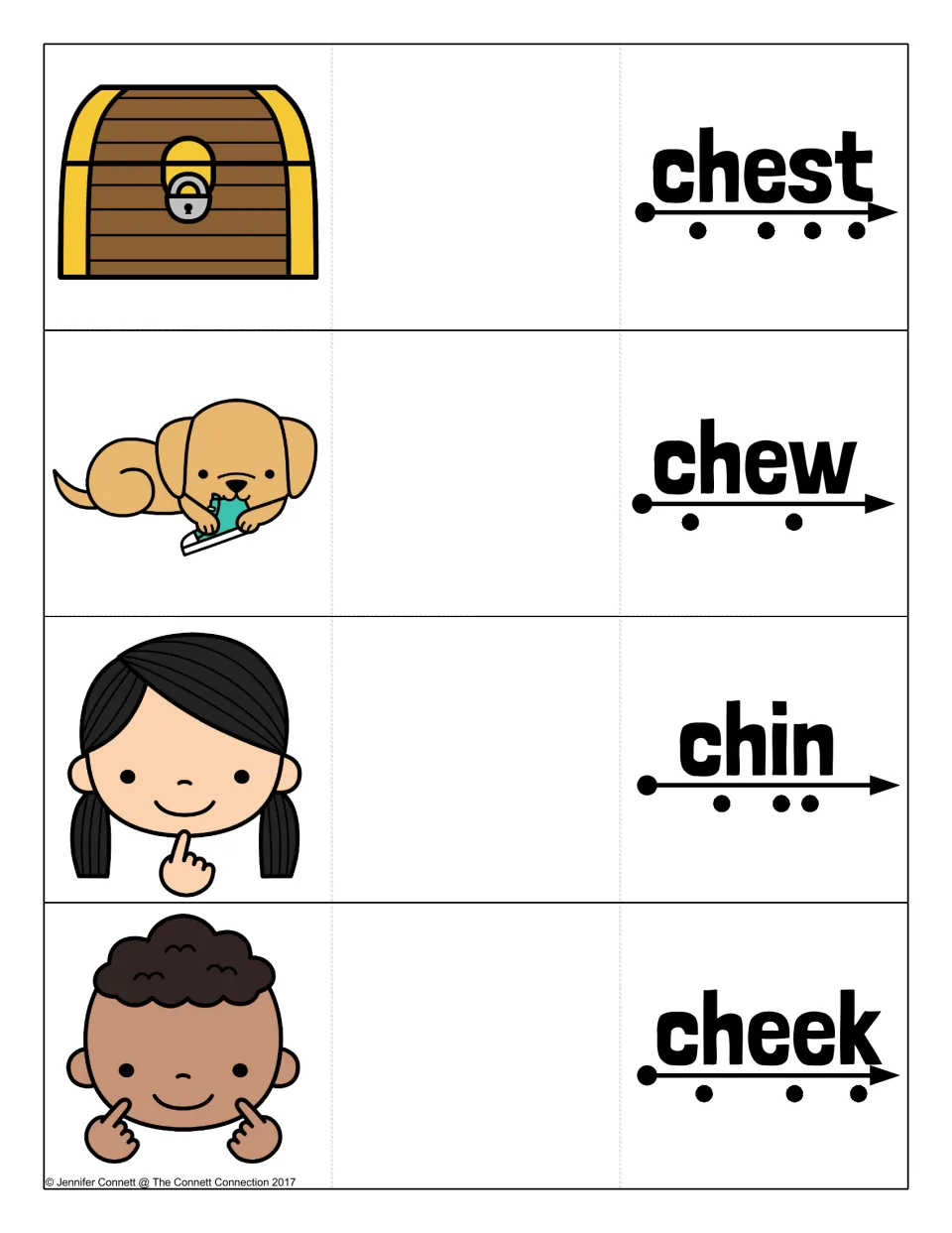 Initial ch word cards for chest, chew, chin and cheek: treasure chest, puppy chewing a shoe and children pointing to faces