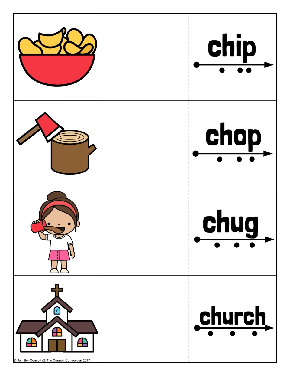 Ch blending cards for chip, chop, chug and church, pictured as a chip bowl, an axe in a stump, a girl drinking, a church