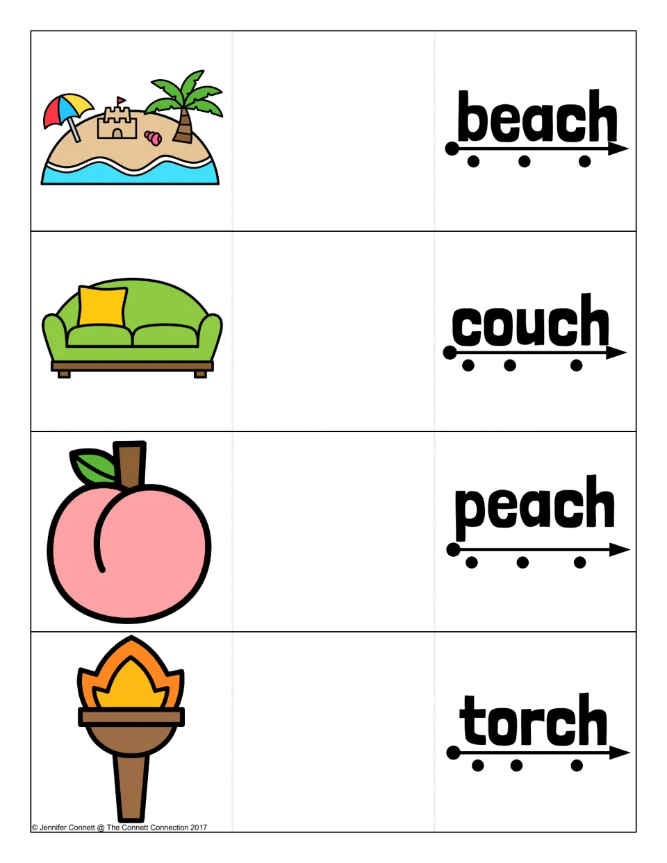 Final ch word cards for beach, couch, peach and torch, each with a dotted sound arrow and a picture to reveal