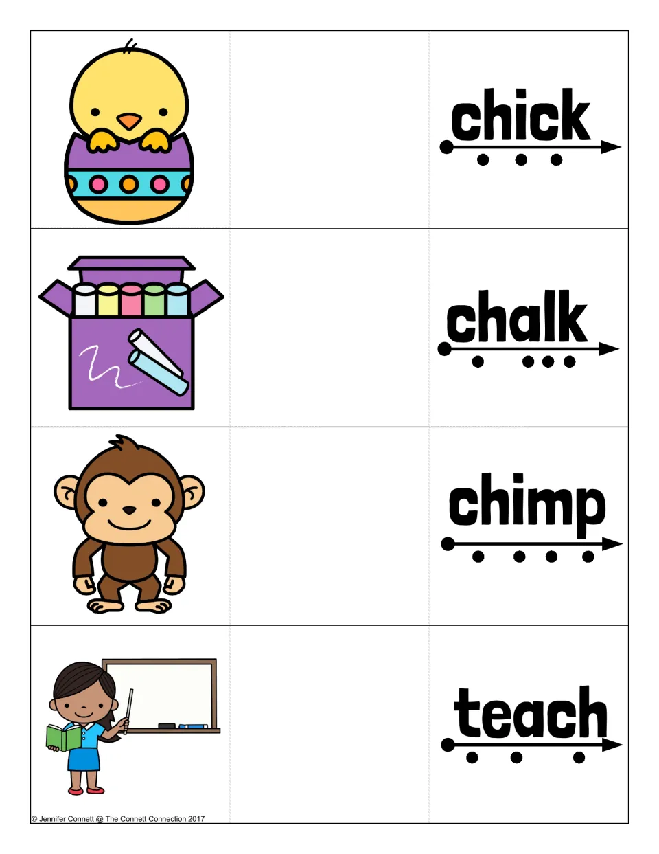 Ch cards for chick, chalk, chimp and teach: a chick in an egg, a chalk box, a monkey and a teacher at a whiteboard