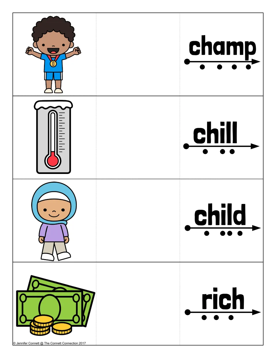 Ch blending cards for champ, chill, child and rich: a medal winner, a cold thermometer, a child and money with coins