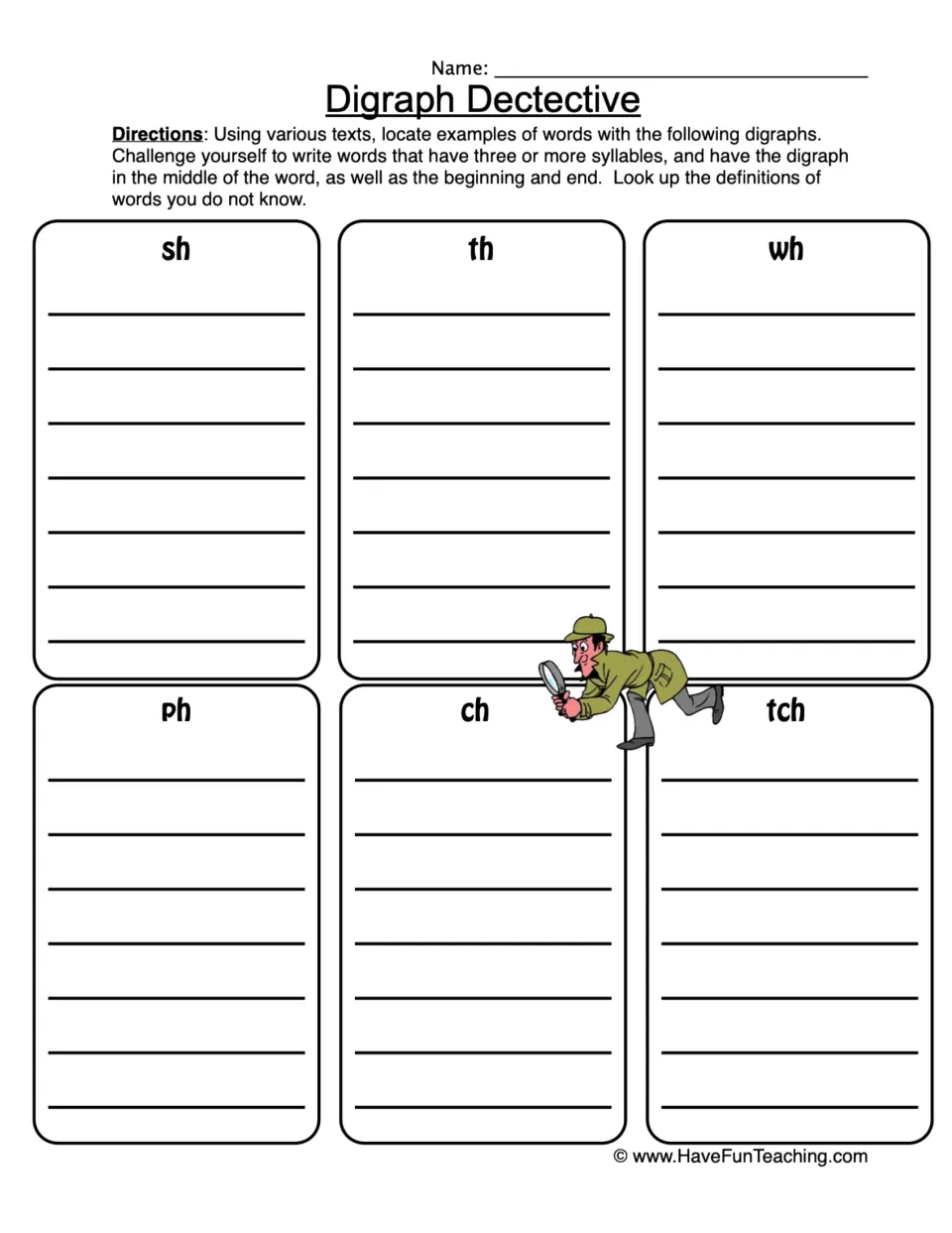 Digraph practice worksheet: find and record words from texts containing sh, th, wh, ph, ch, and tch.