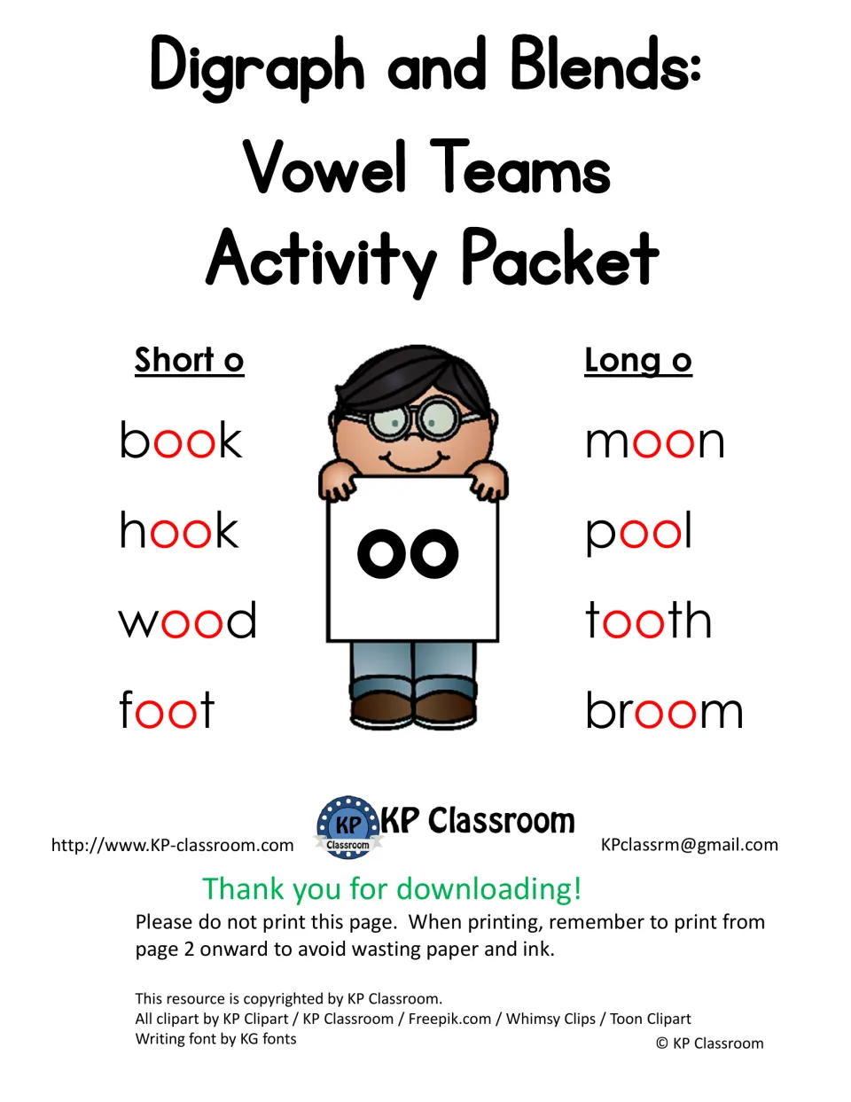 Vowel Teams Activity Packet cover: short o words book, hook, wood, foot and long o words moon, pool, tooth, broom