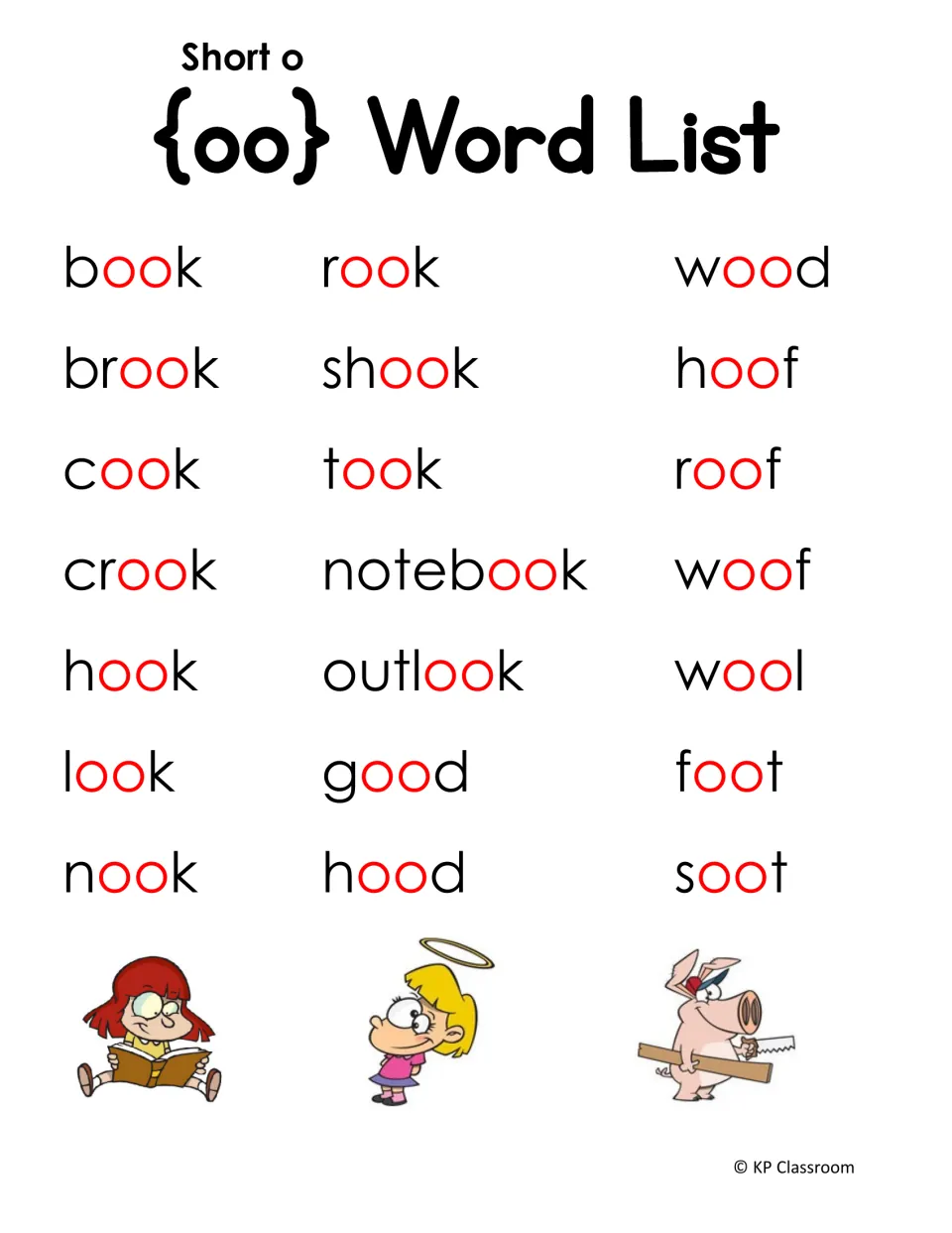 Short oo word list: 21 words to read, such as book, brook, notebook, good, hood, roof and wool, each oo in red