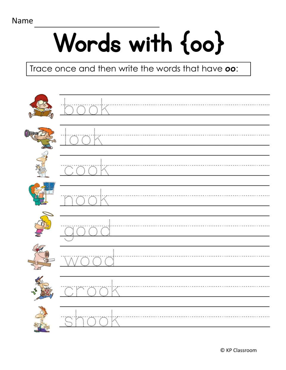 Words with oo handwriting practice: students trace and then write book, look, cook, nook, good, wood, crook and shook