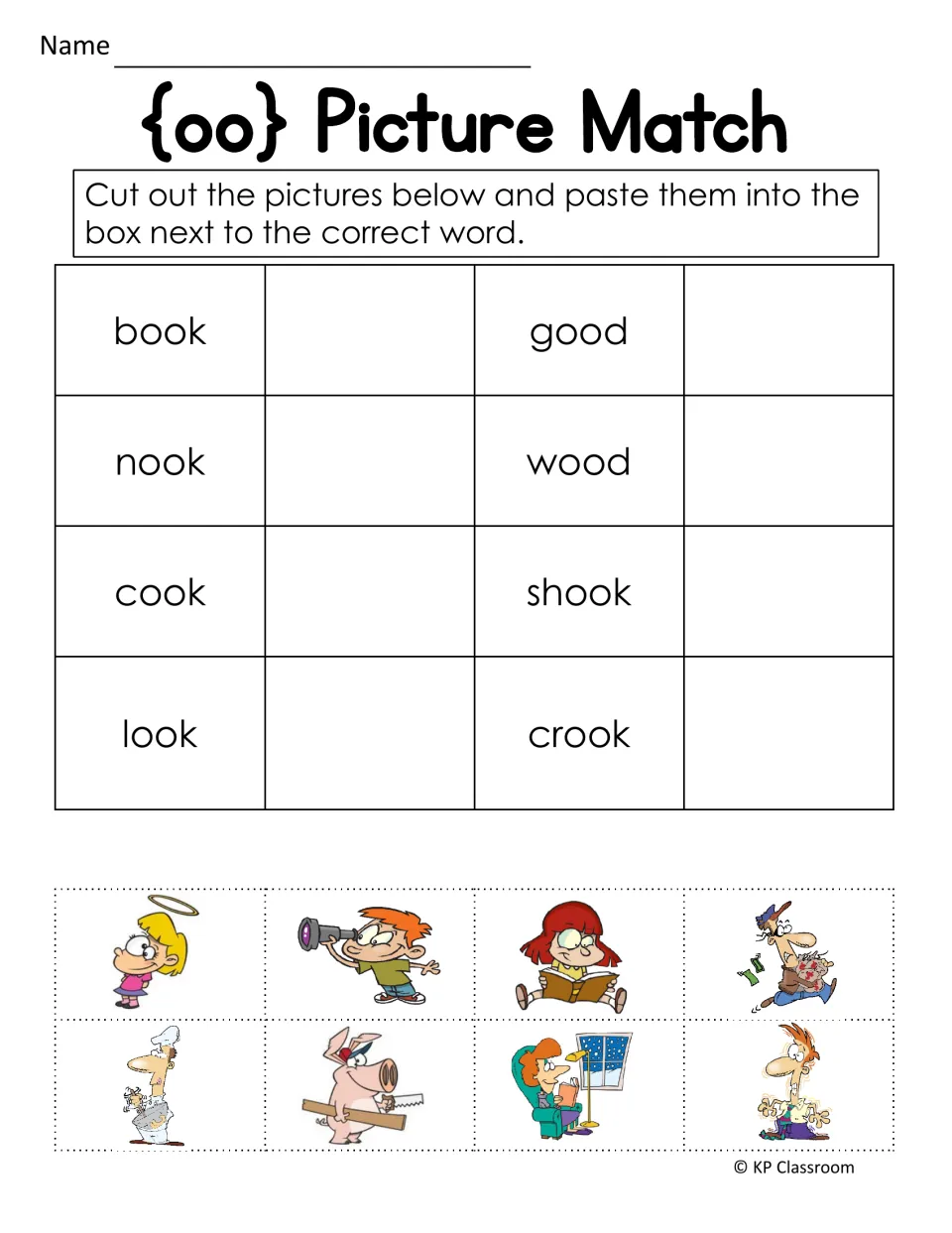 oo picture match: students cut out 8 pictures and paste each beside book, nook, cook, look, good, wood, shook or crook