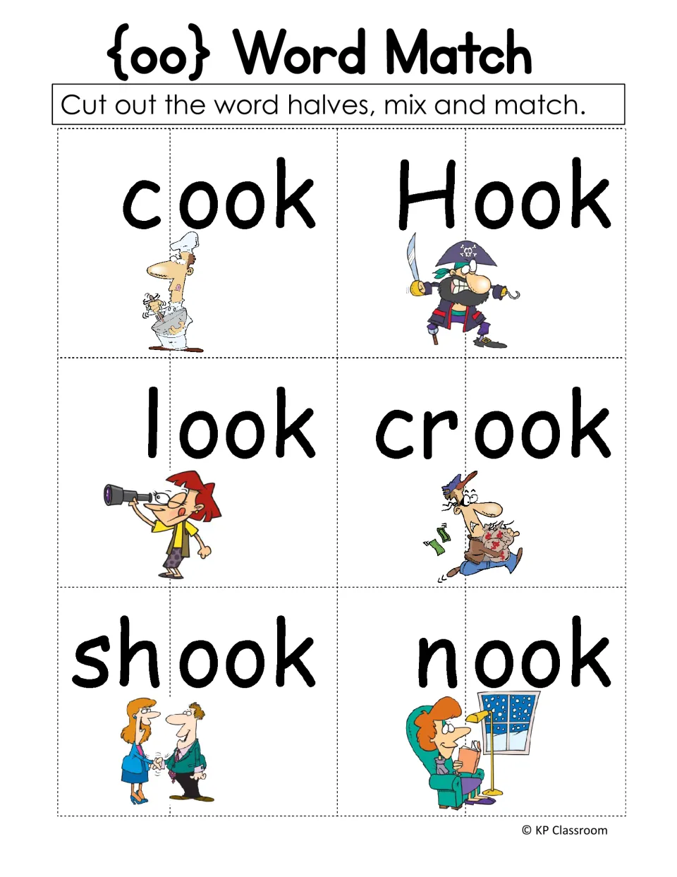 oo word match: students cut apart the word halves for cook, Hook, look, crook, shook and nook, then rebuild each word