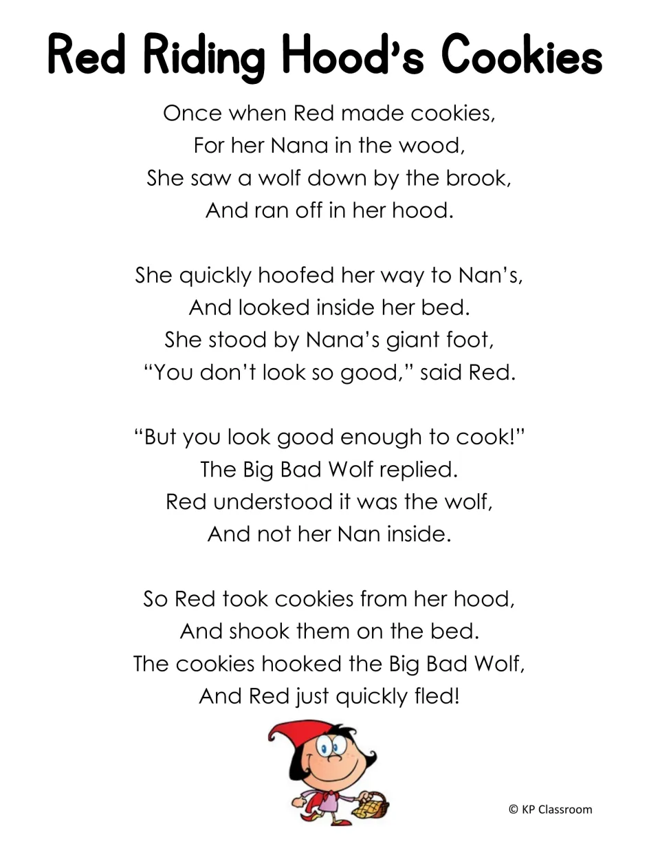 Red Riding Hood's Cookies: a rhyming poem to read, full of oo words like wood, brook, hood, foot and cook
