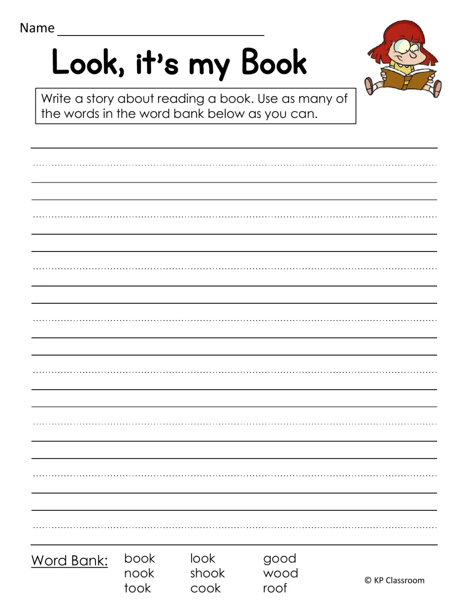 Look, it's my Book: students write a story about reading a book, using word bank oo words like nook, shook and roof
