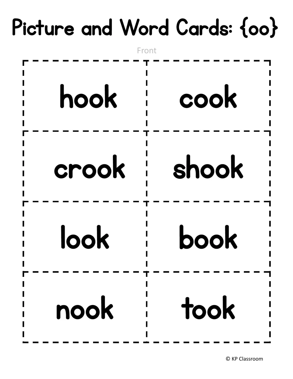 oo word cards, front: eight cut-apart cards to read: hook, cook, crook, shook, look, book, nook and took