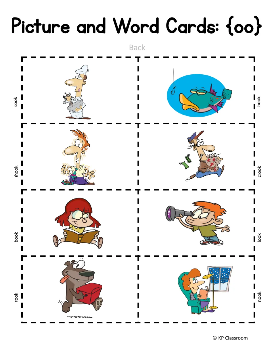 oo picture cards, back: pictures for cook, hook, shook, crook, book, look, took and nook, each labeled in small print