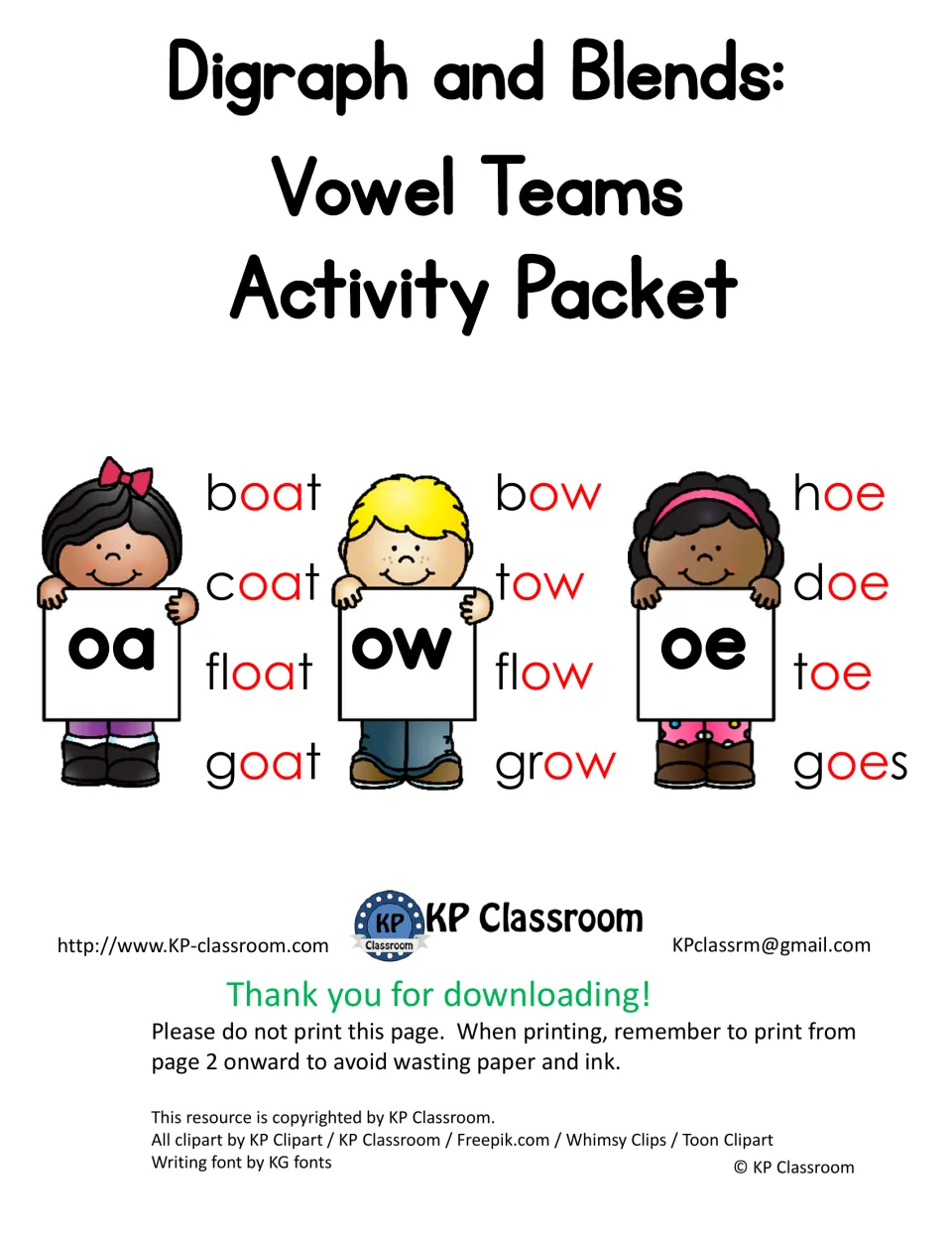 Vowel Teams Activity Packet cover showing oa, ow and oe signs with example words boat, bow, toe and goes in red