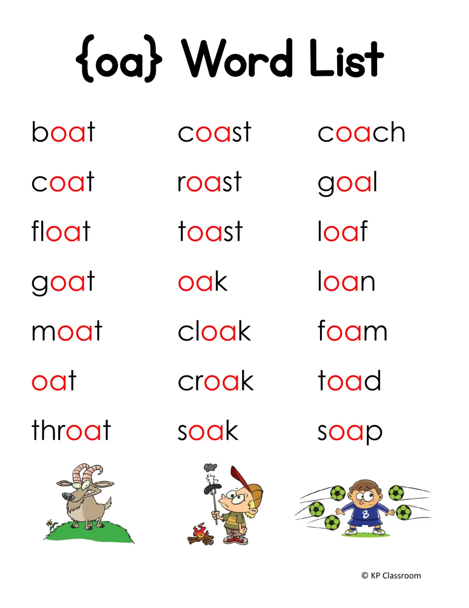 oa word list of 21 words such as boat, coast, coach, throat, cloak and soap, with the oa letters shown in red