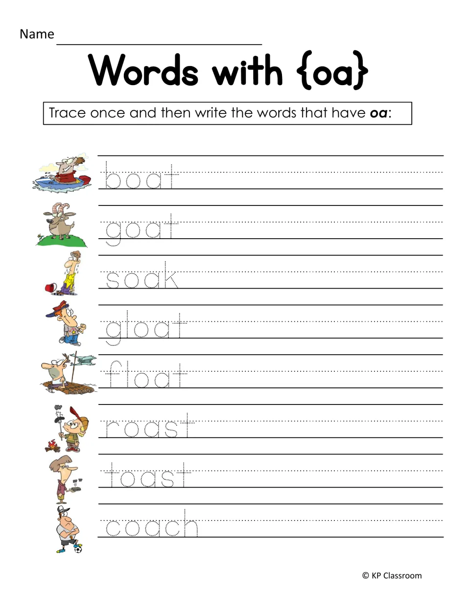 Words with oa handwriting practice: students trace, then write boat, goat, soak, gloat, float, roast, toast and coach