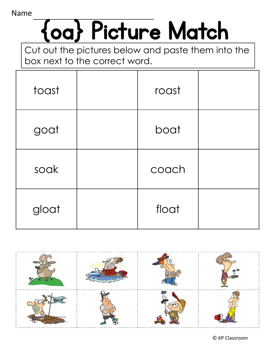 oa picture match: students cut out 8 pictures and paste each beside toast, roast, goat, boat, soak, coach, gloat or float