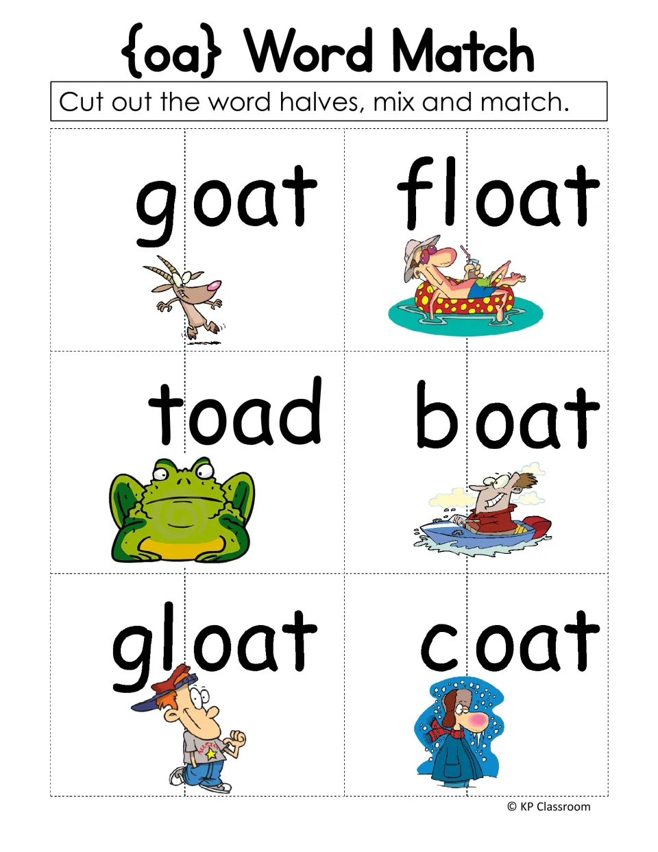oa word match: students cut apart 6 split-word cards (goat, float, toad, boat, gloat, coat) and rebuild each word