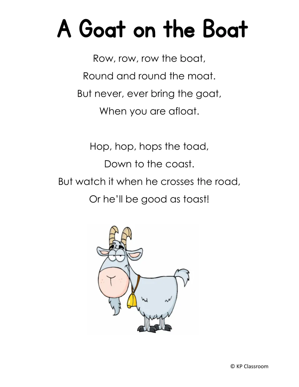 A Goat on the Boat: two-verse rhyming poem packed with oa words like moat, afloat, toad, coast, road and toast