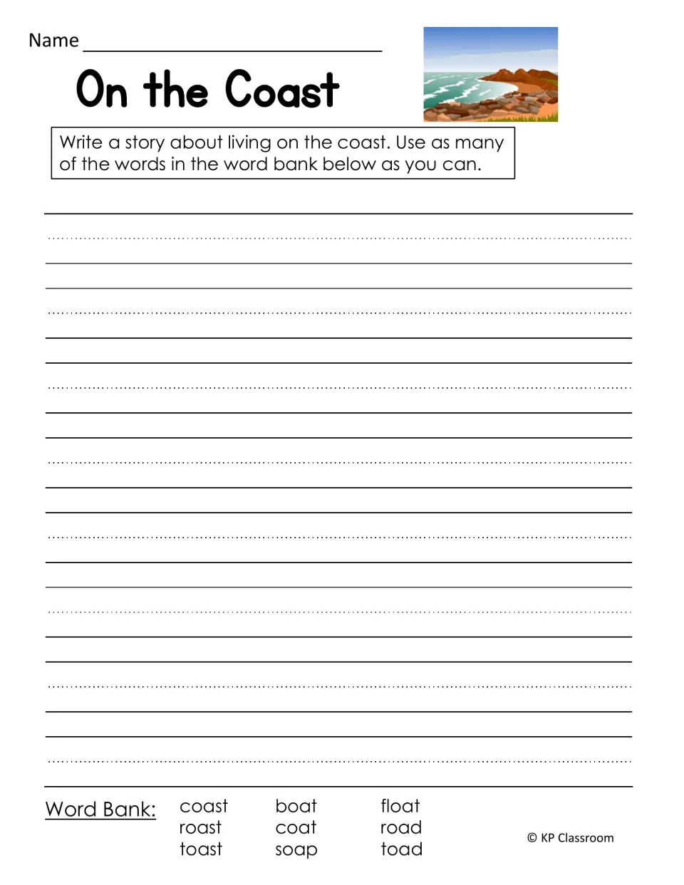 On the Coast story writing: students write about living on the coast using word bank words like boat, soap and toad