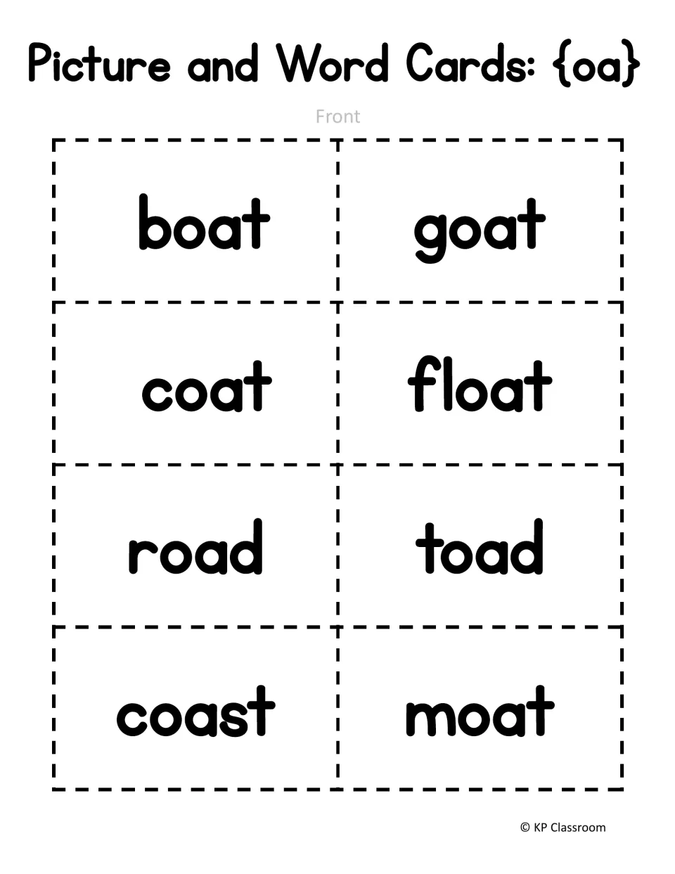 oa word cards, front: cut-apart cards reading boat, goat, coat, float, road, toad, coast and moat for word recognition