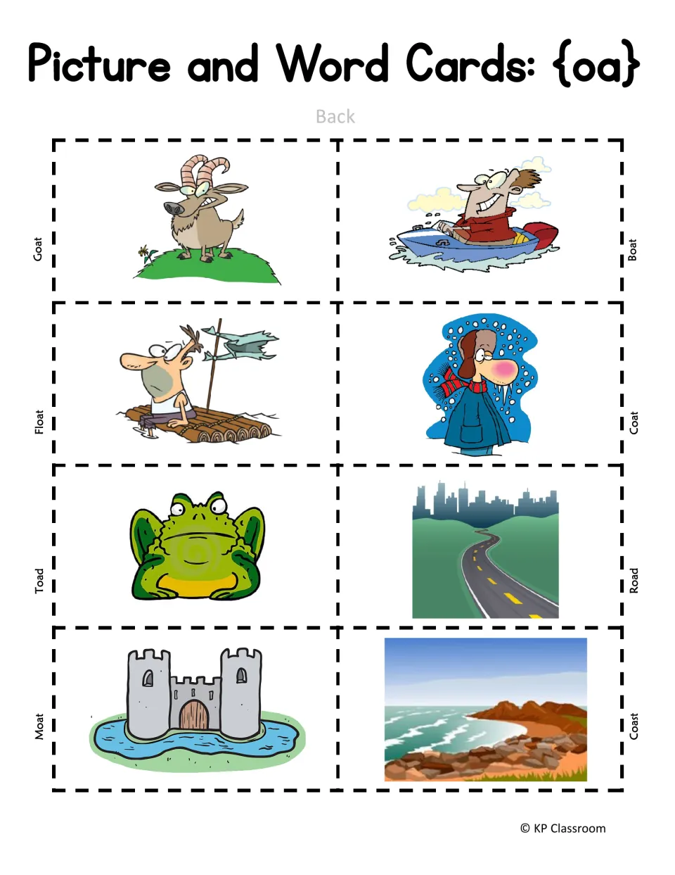 oa picture cards, back: small side labels name each image, a goat, boat, float, coat, toad, road, moat and coast