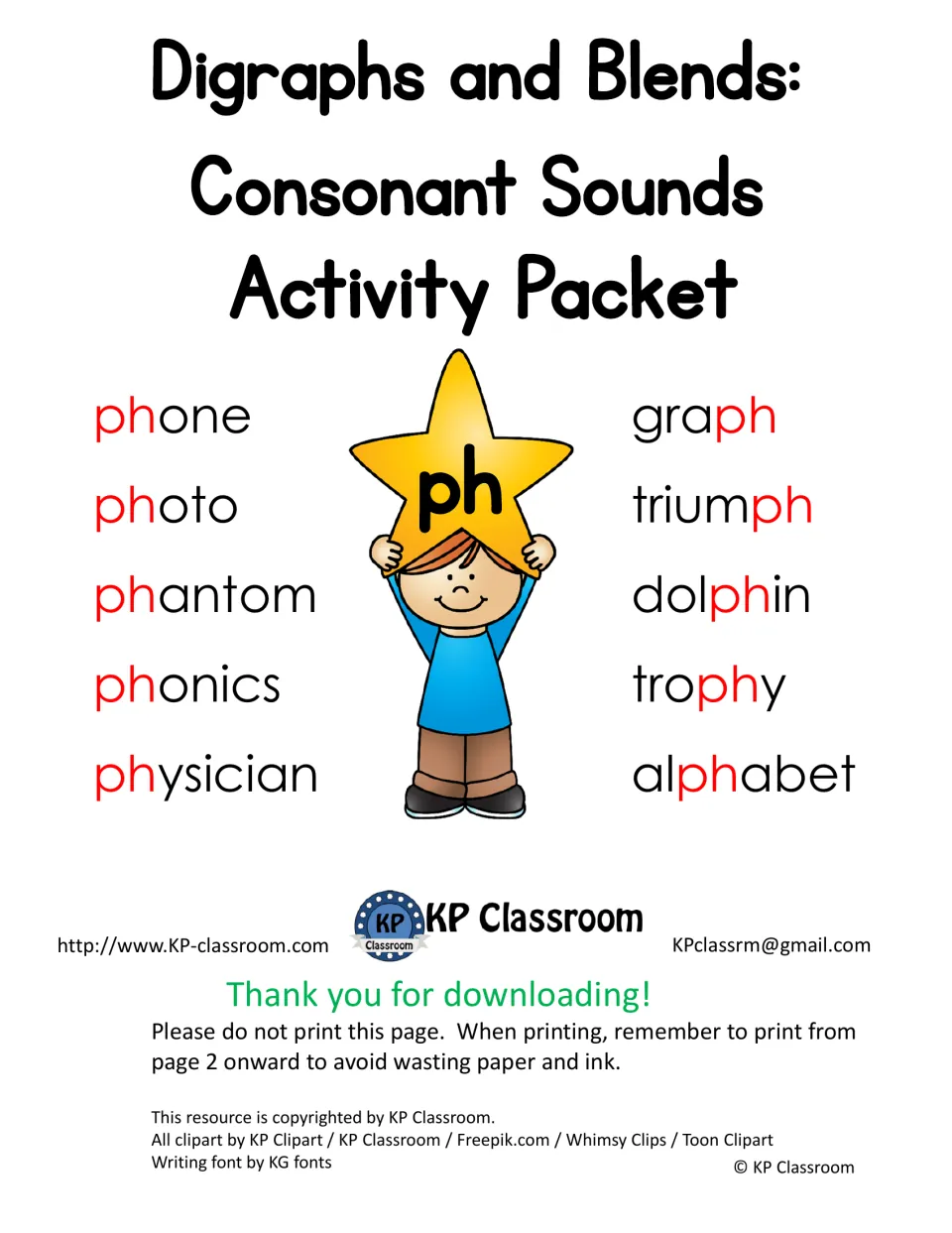Digraphs and Blends: Consonant Sounds Activity Packet cover with ph words like phone, graph, dolphin and trophy