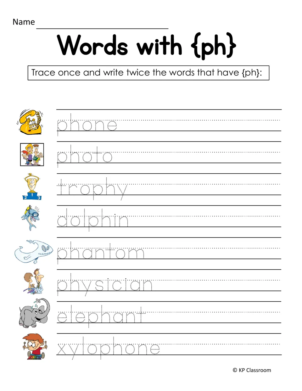 Words with {ph} handwriting practice: students trace once and write twice phone, photo, trophy, dolphin and four more