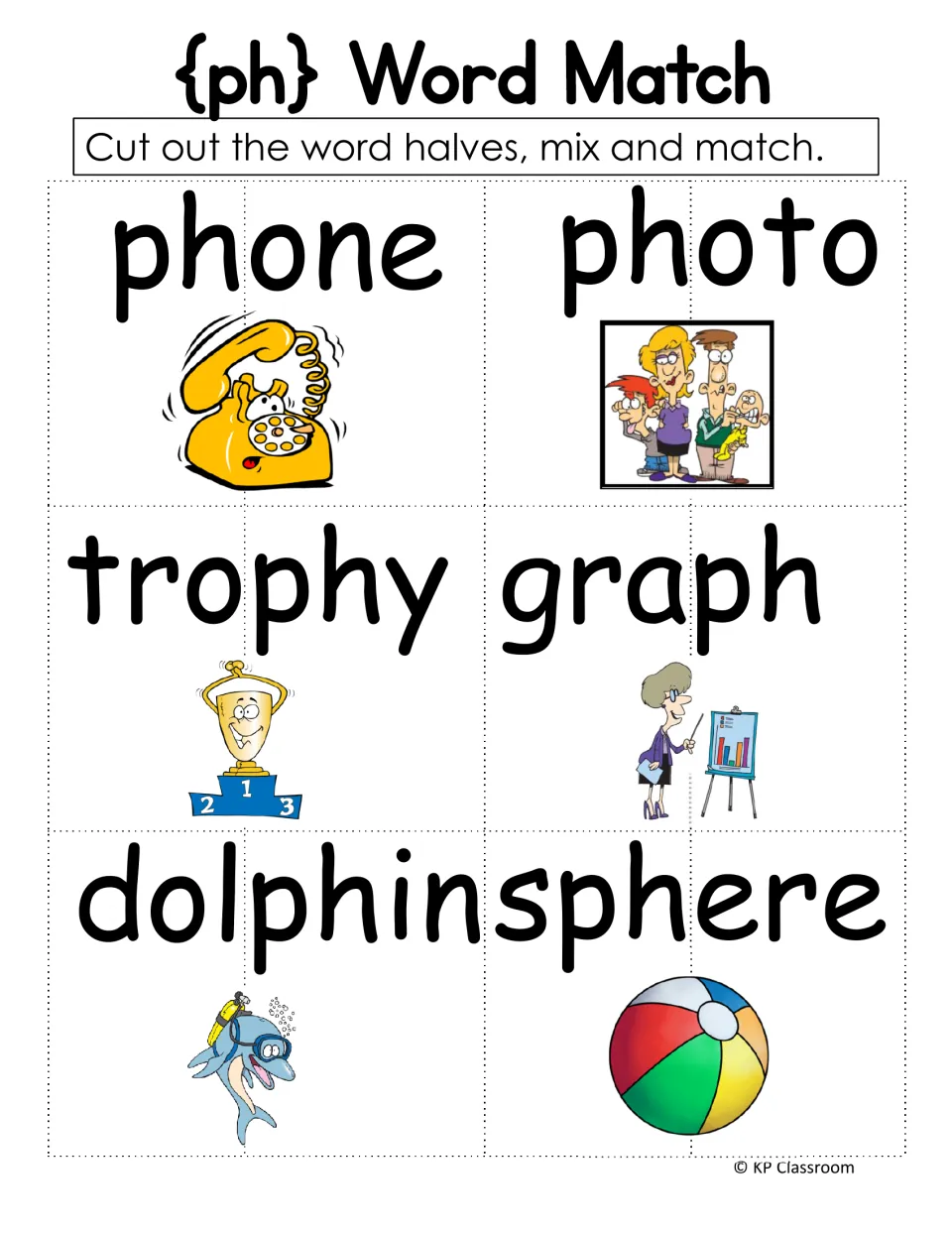 {ph} word match cards: students cut out word halves for phone, photo, trophy, graph, dolphin and sphere and rebuild them