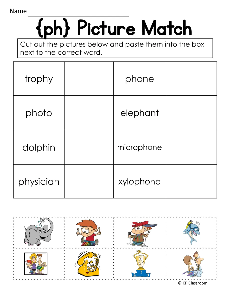 {ph} picture match: students cut out 8 pictures and paste each next to words like trophy, microphone and xylophone