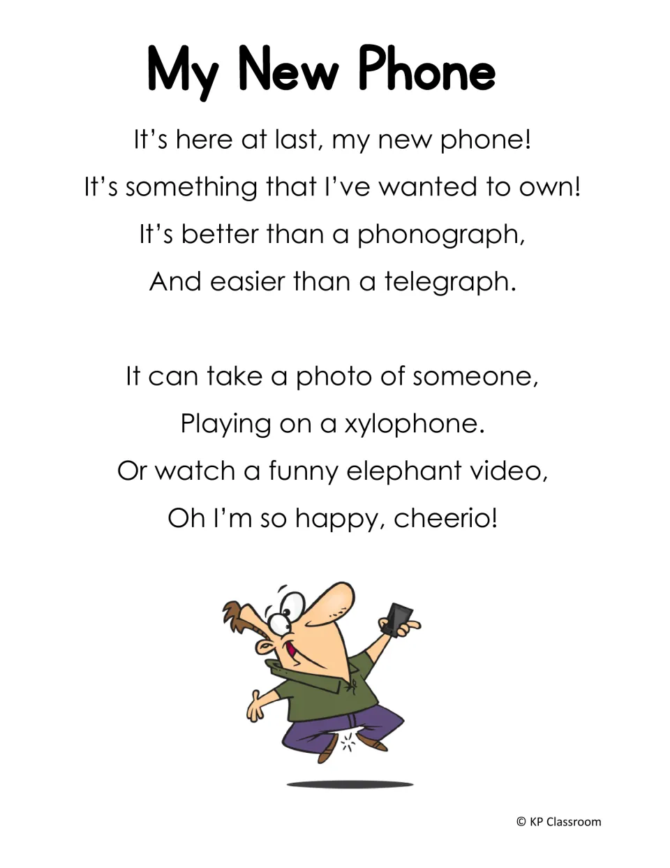 My New Phone poem with ph words such as phone, phonograph, telegraph, photo, xylophone and elephant to read aloud