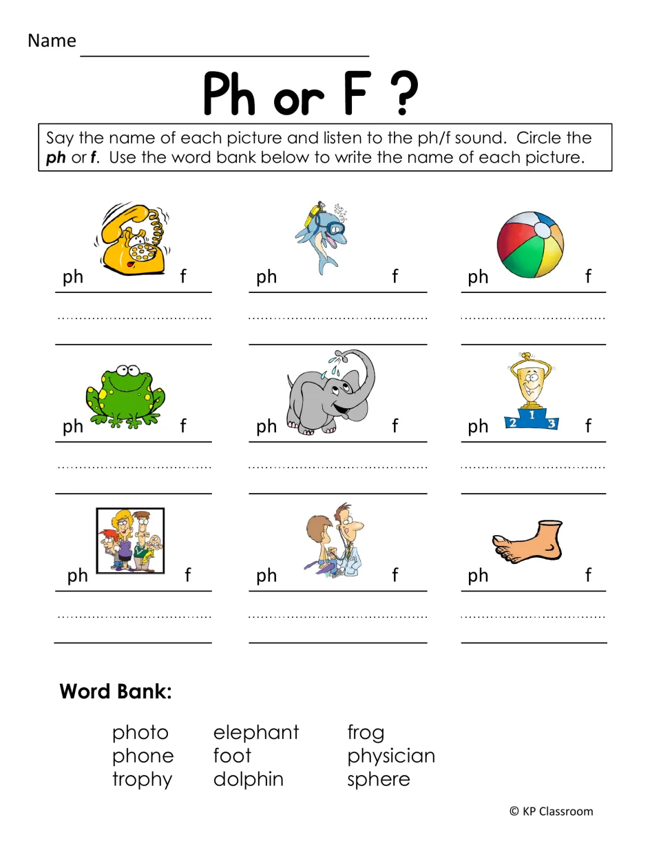 Ph or F? Students say each picture name, circle ph or f, then write the word from a bank including frog, foot and sphere