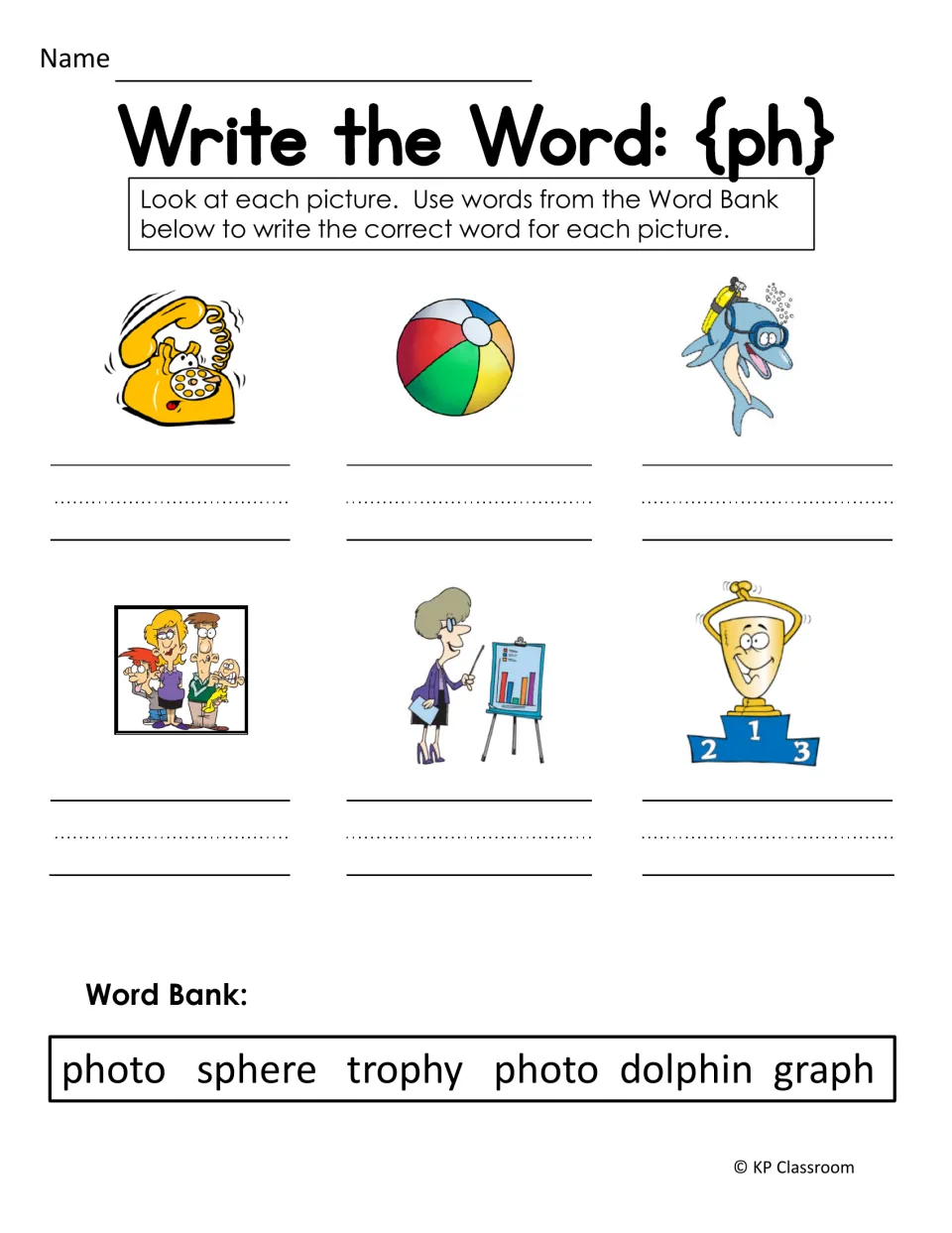 Write the Word: {ph}: students name six pictures, such as a beach ball sphere and a graph, using a word bank