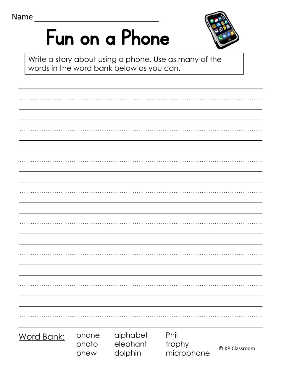 Fun on a Phone writing prompt: students write a story about using a phone with bank words like alphabet, Phil and phew