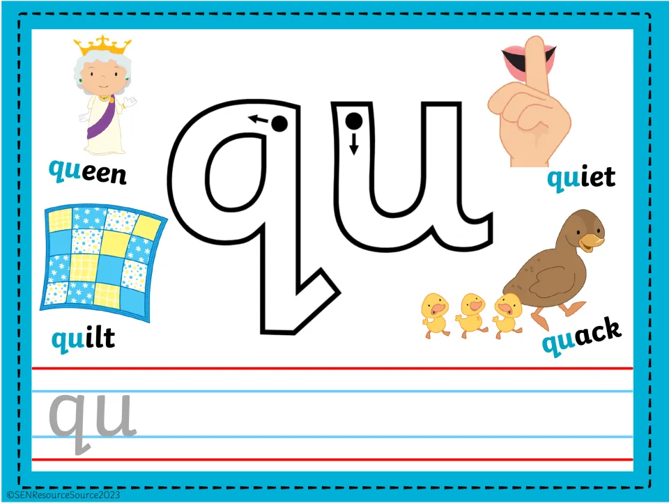 qu letter pair mat: students build the outlined qu from dough and write qu, with picture words queen, quilt, quiet and quack
