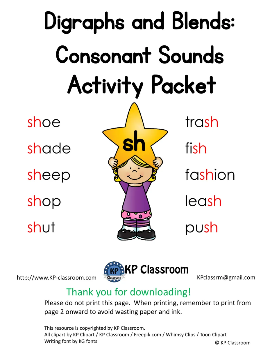 Cover of the SH consonant sound activity packet, featuring words such as shoe, shade, sheep, trash, and fish