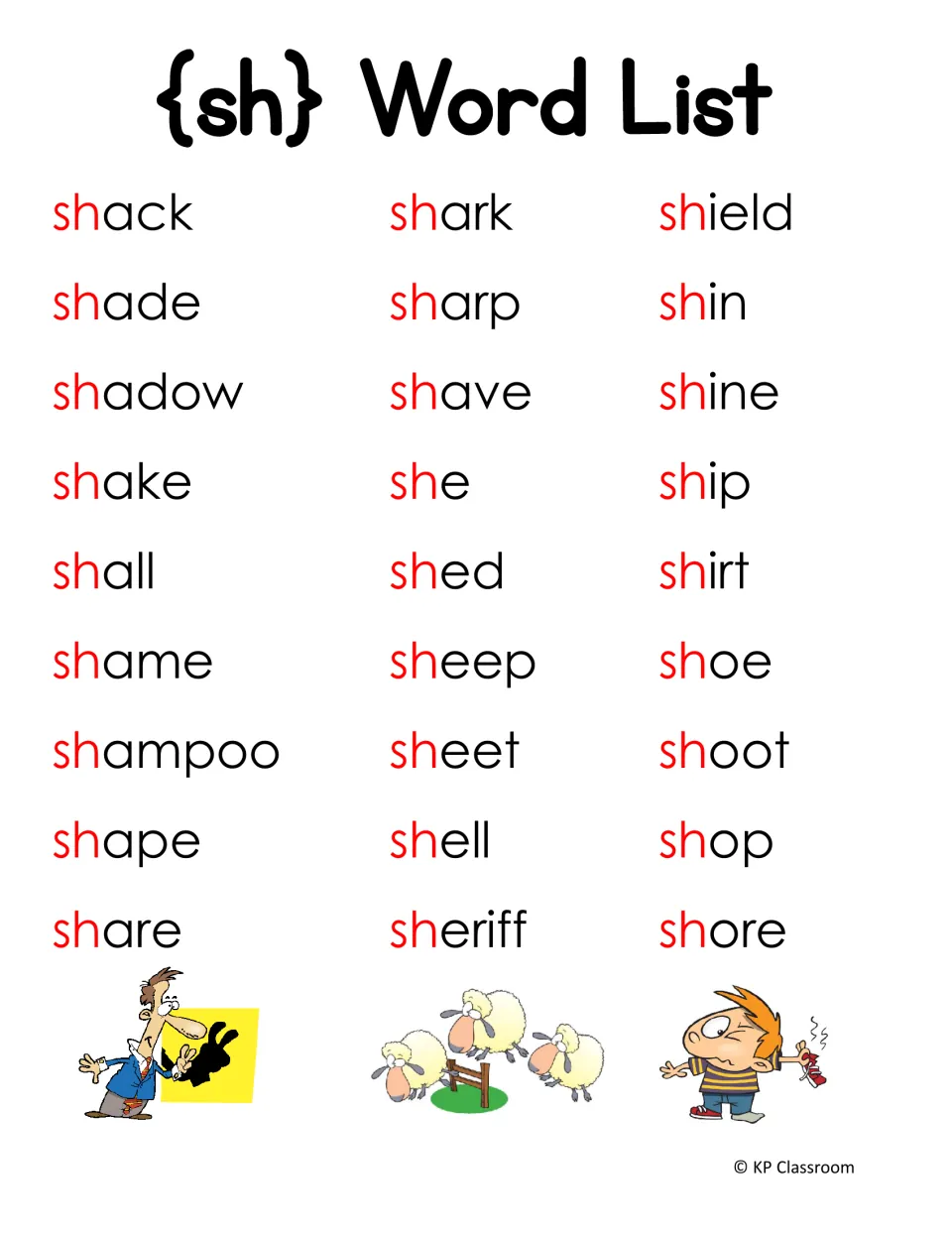 First SH word list featuring 27 words beginning with sh, including shack, shade, shadow, shark, sheep, and shoe