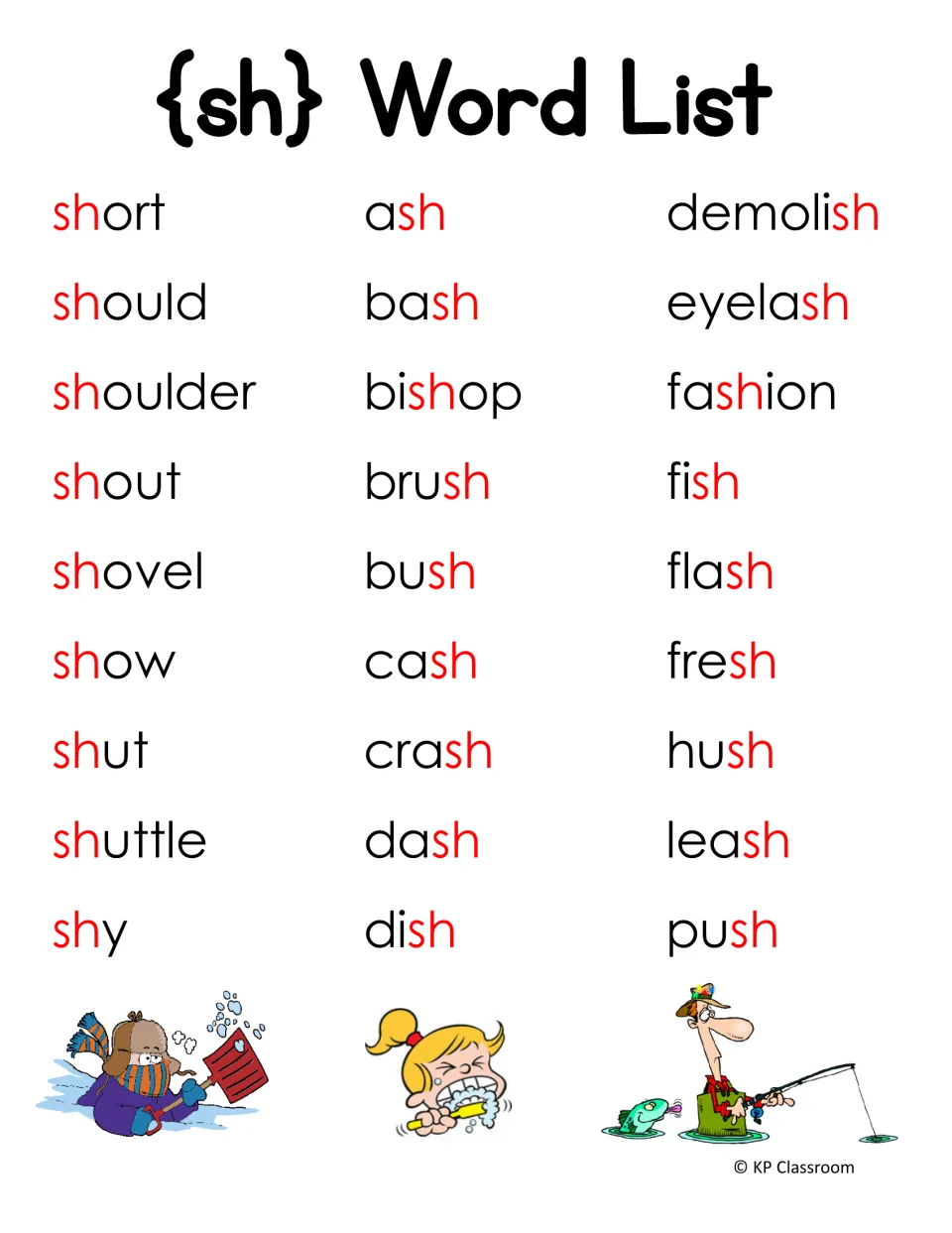 Second SH word list featuring 27 words with sh at the beginning, middle, or end, including short, bishop, and fish
